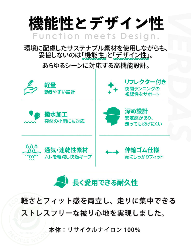 ランニングキャップ 深め サステナブル素材 メッシュ UPF50+ UVカット 軽量 防水 反射材 スポーツキャップ ジョギング マラソン  通気性 帽子 メンズ レディース リサイクル素材